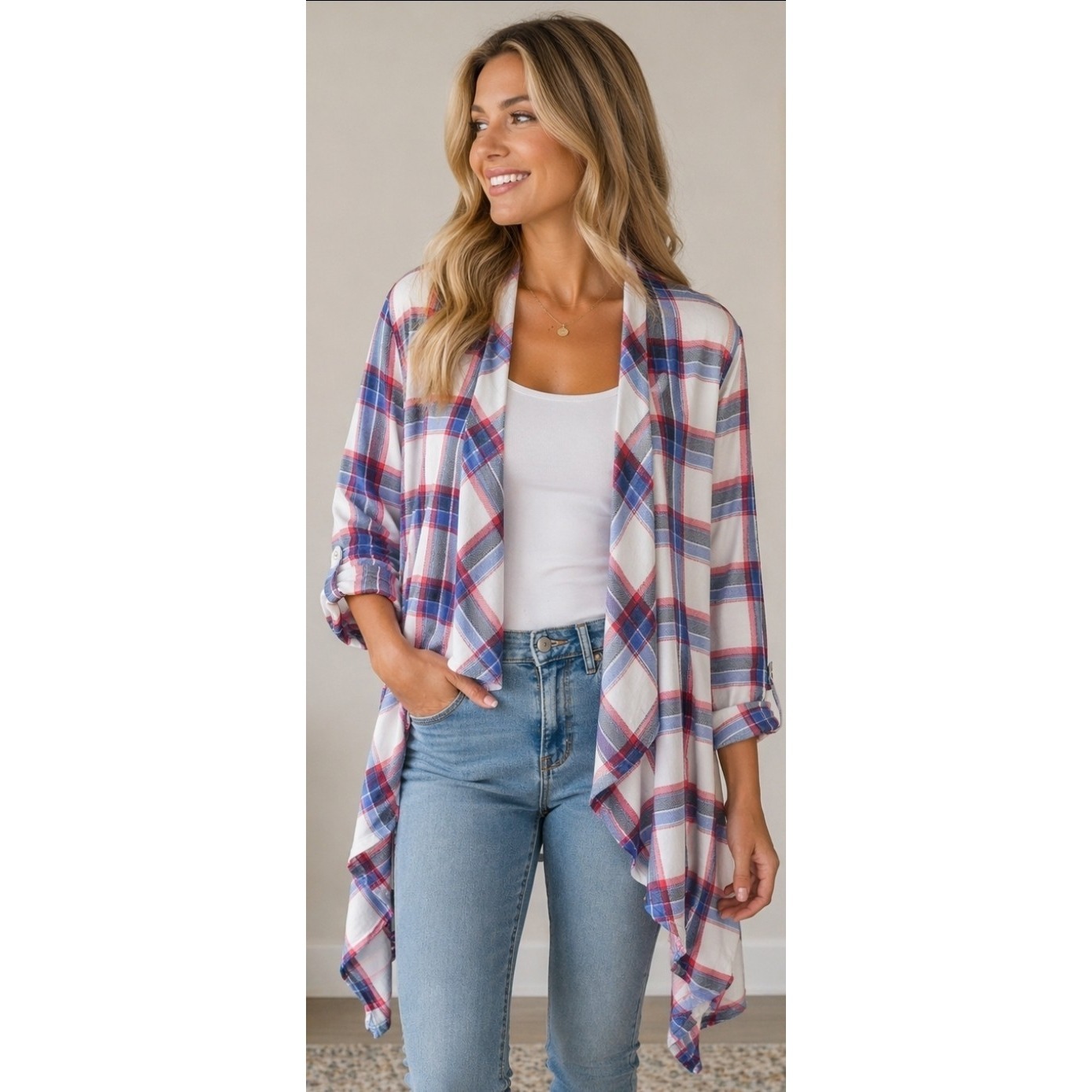 Nwt Draped Waterfall 2x Flannel Cardigan Womens Roll Tab Sleeve Newyork Laundry